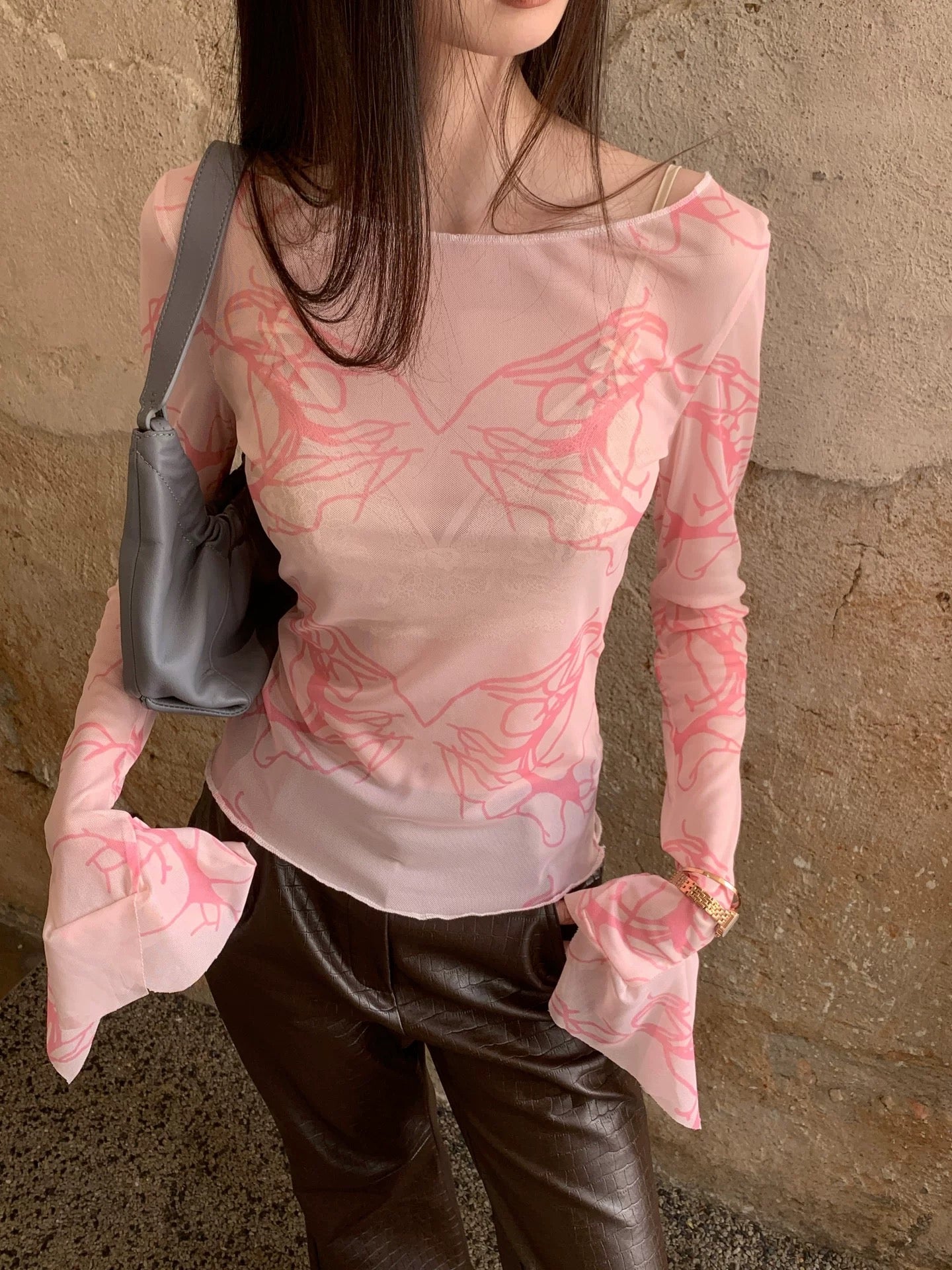 Pink Long Sleeve Mesh Top