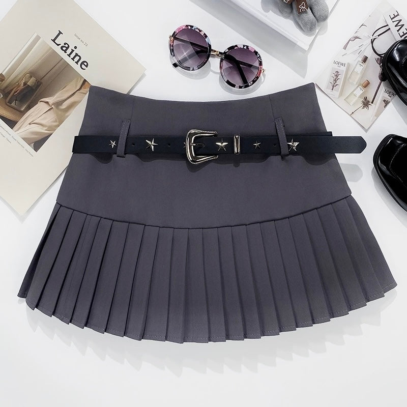 Middle Waist Pleated Skirt ( Grey-L)