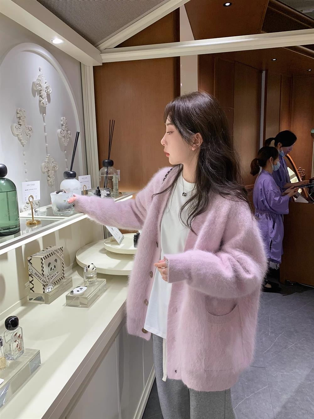 Khaki/ White Fuzzy Cardigan