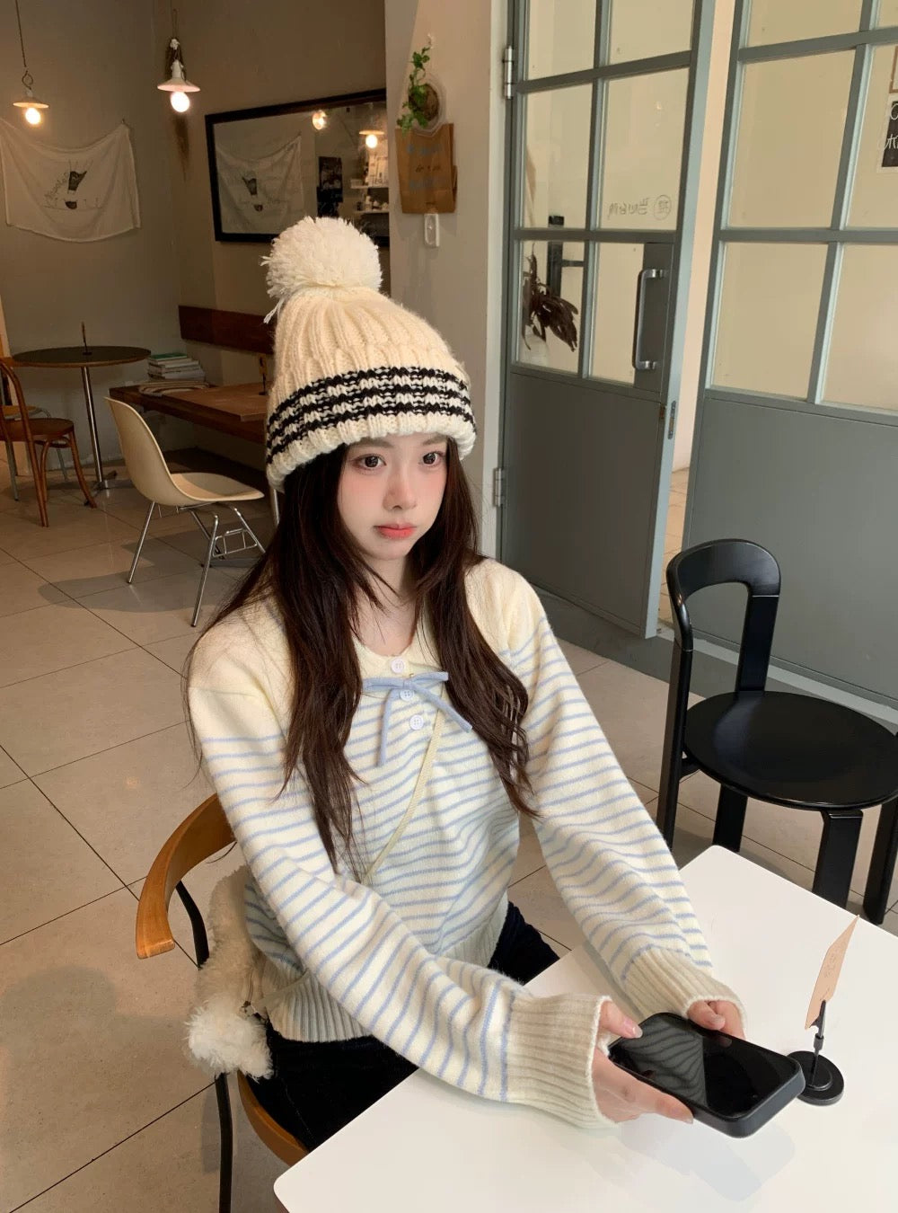 Stripe Long Sleeve Knitted Top (Red, Blue)