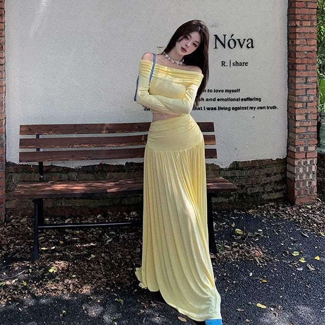 Off Shoulder Long Sleeve Top + Long Skirt Two Pieces Set