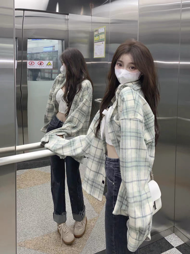 Mint Green Grid Long Sleeve Shirt