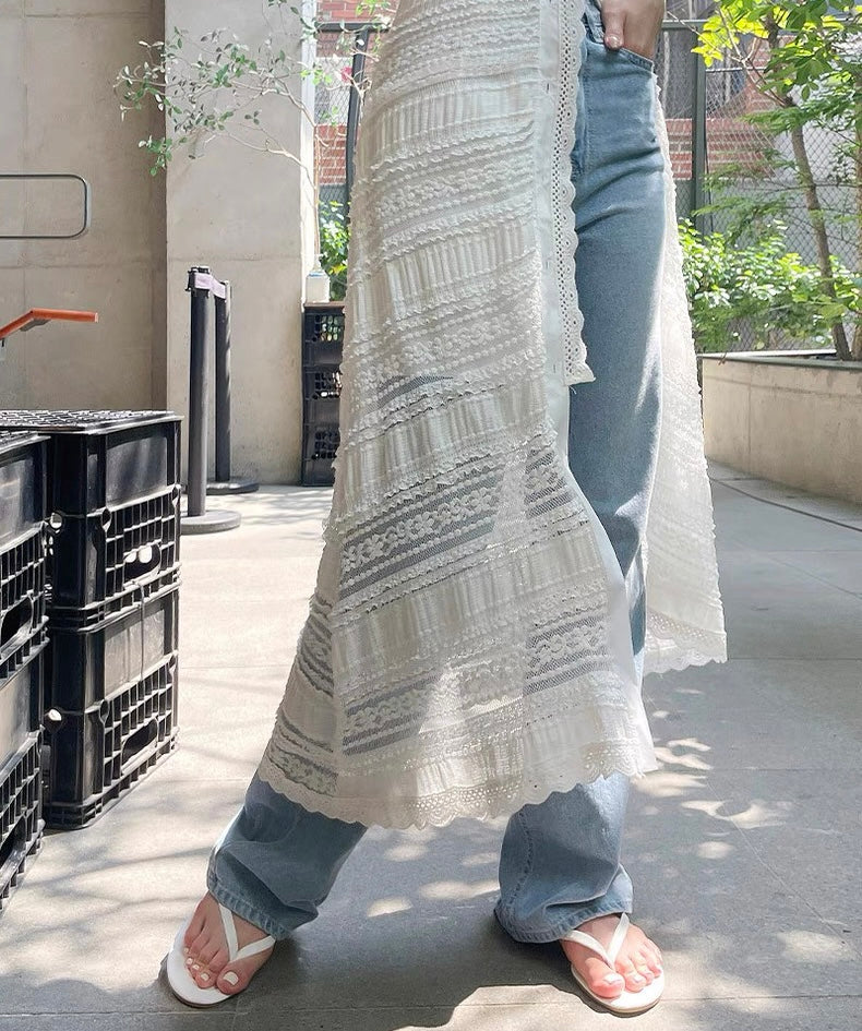 Cream White Embroidery Laces Long Dress Cardigan (S)