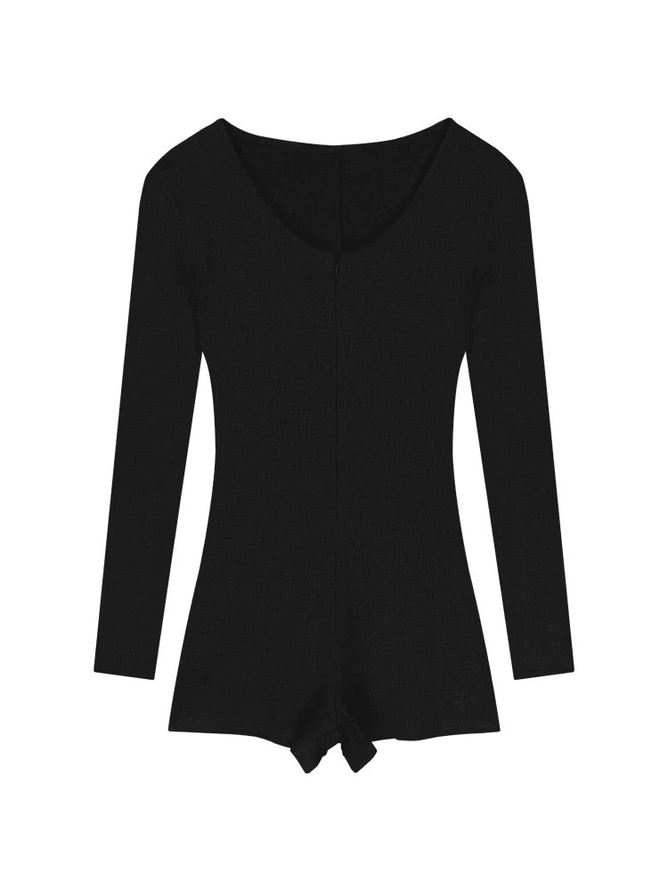 U Collar Long Sleeve Romper (Grey, Black)