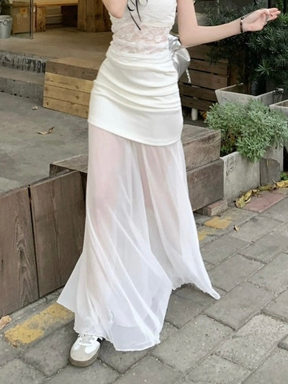 Cream White Mesh Long Skirt