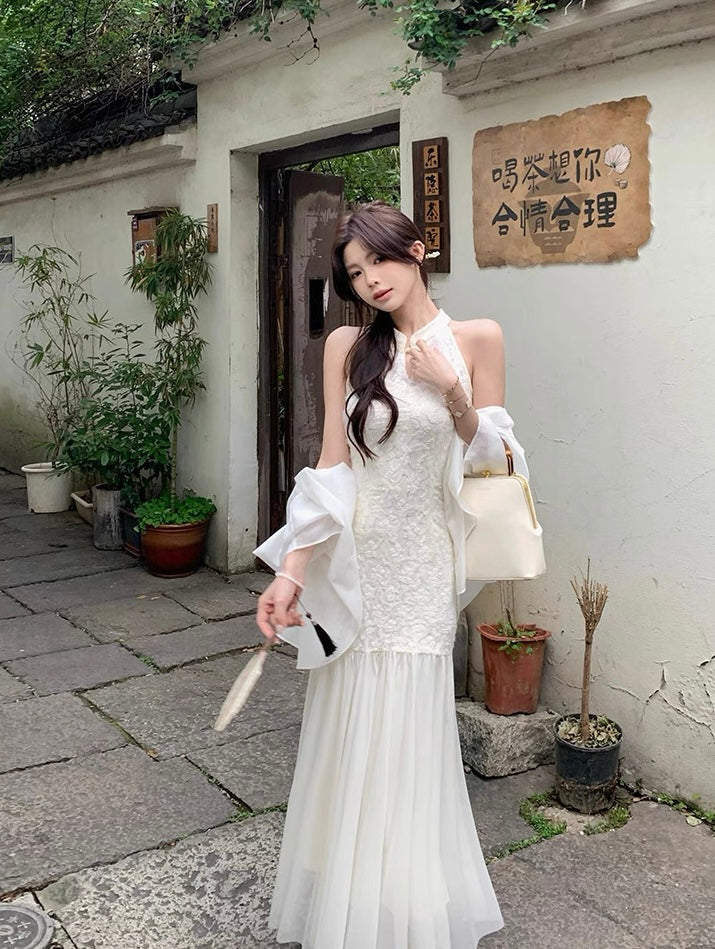 Beige Cheongsam CD022 Long Dress With Cardigan (S, M)
