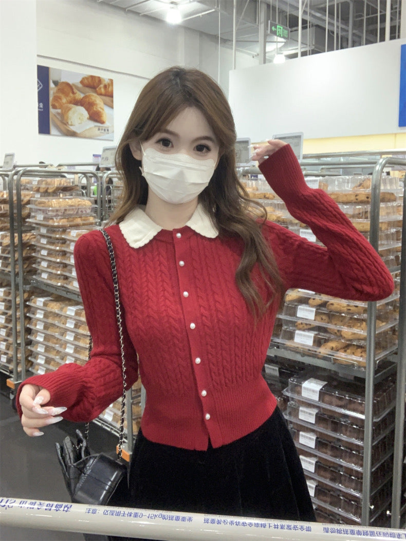 Beige Collar Knitted Long Sleeve Top