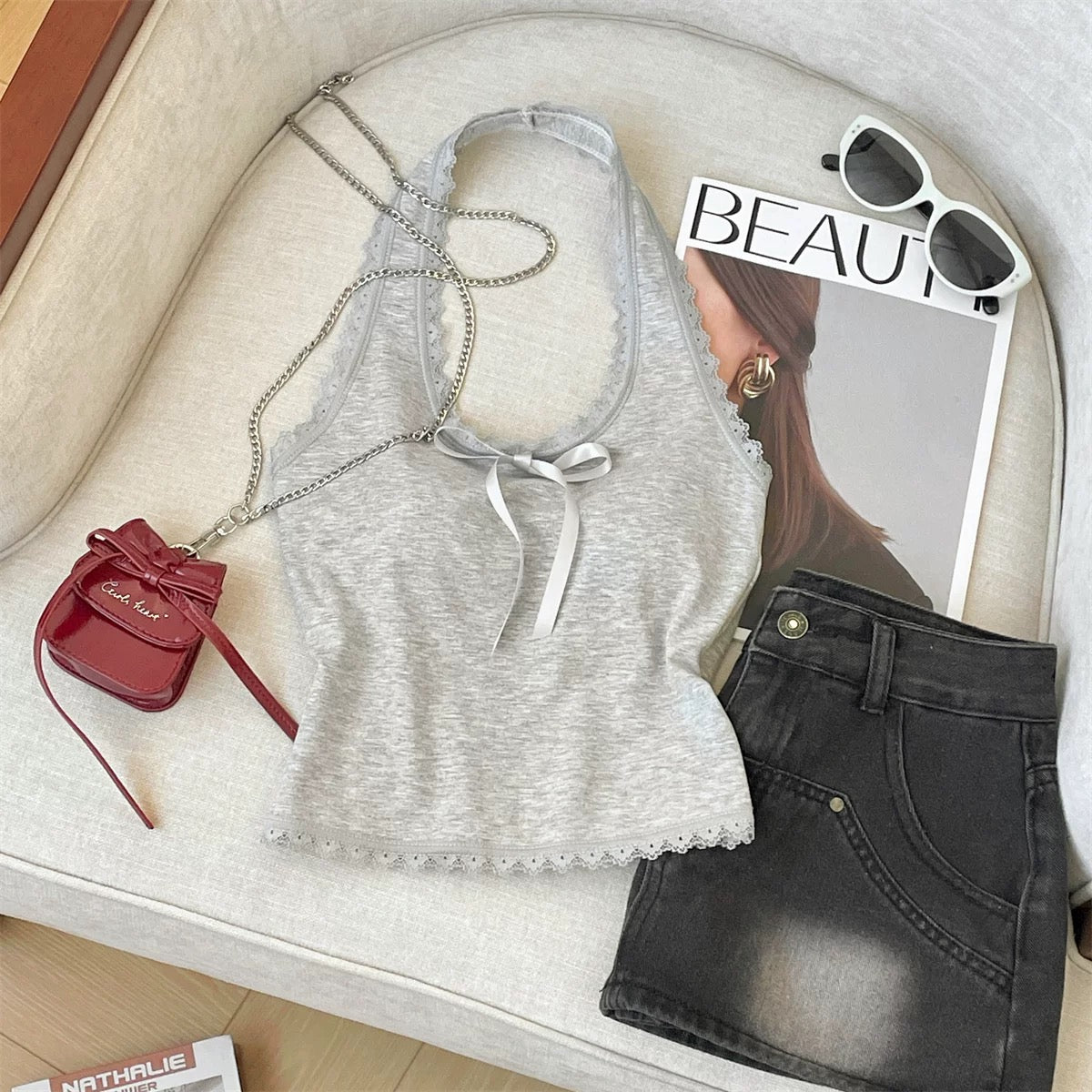 Round Lace V Collar Knitted Top (White, Grey, Black)