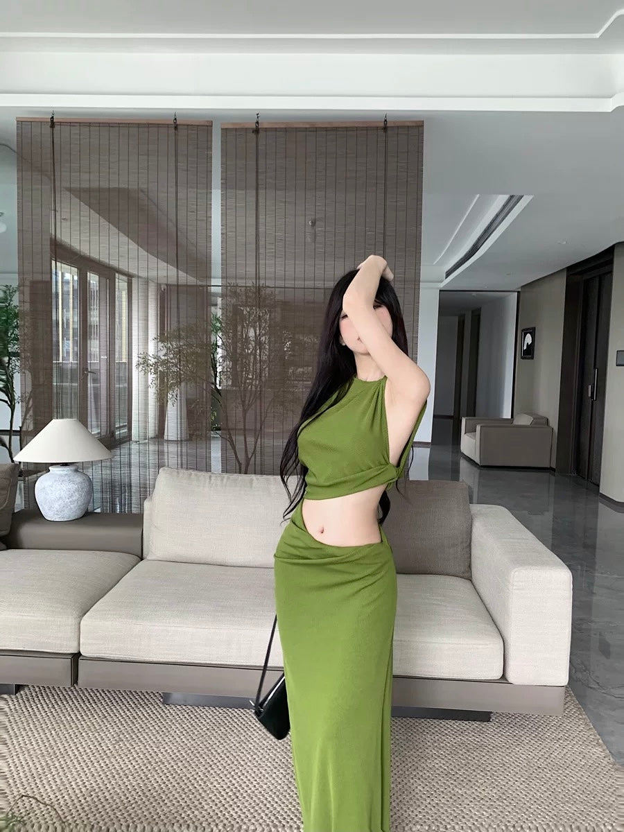 Green Top + Long Skirt Two Pieces Set