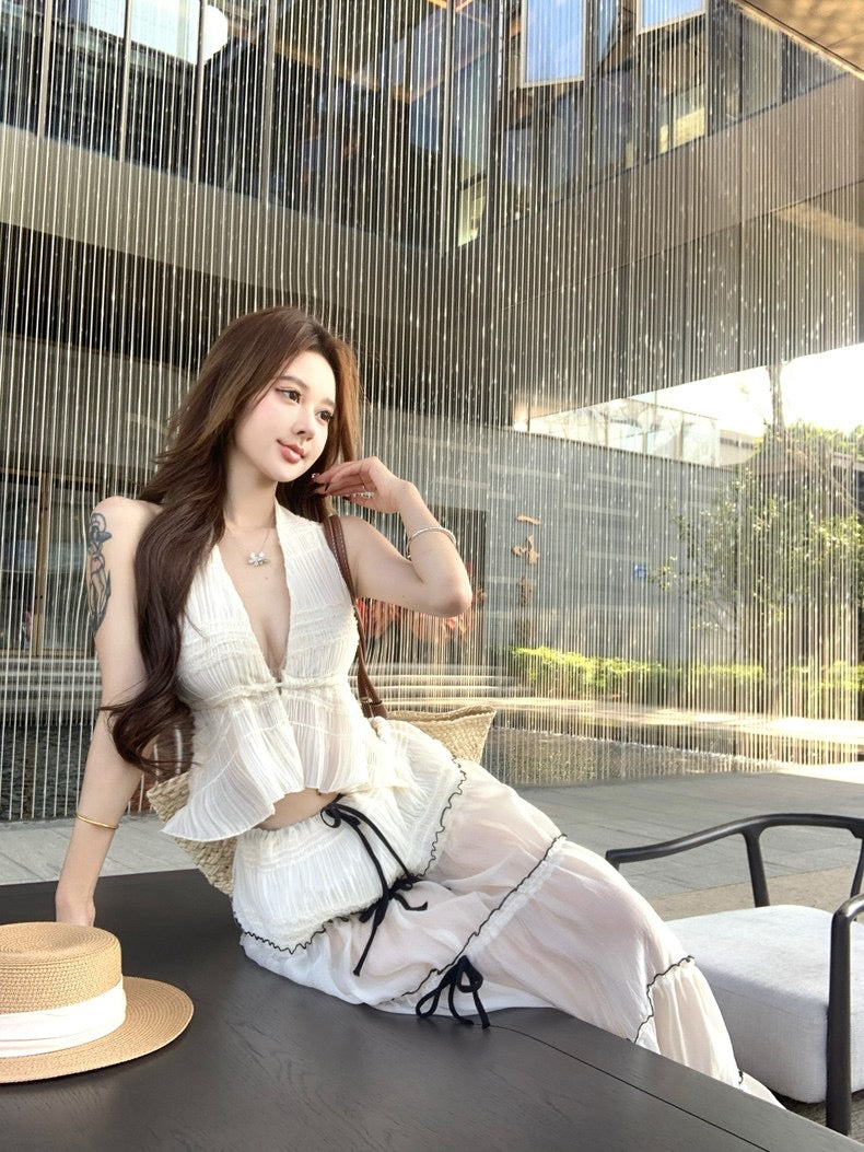 Beige Lace Top + Long Skirt Two Pieces Set