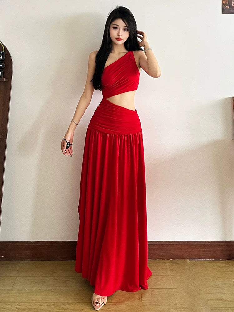 Red Side Waist Cut Long Dress (S)