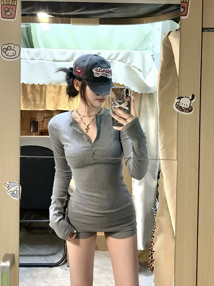 Grey Slim Fit Top + Shorts Two Piece Set with belt