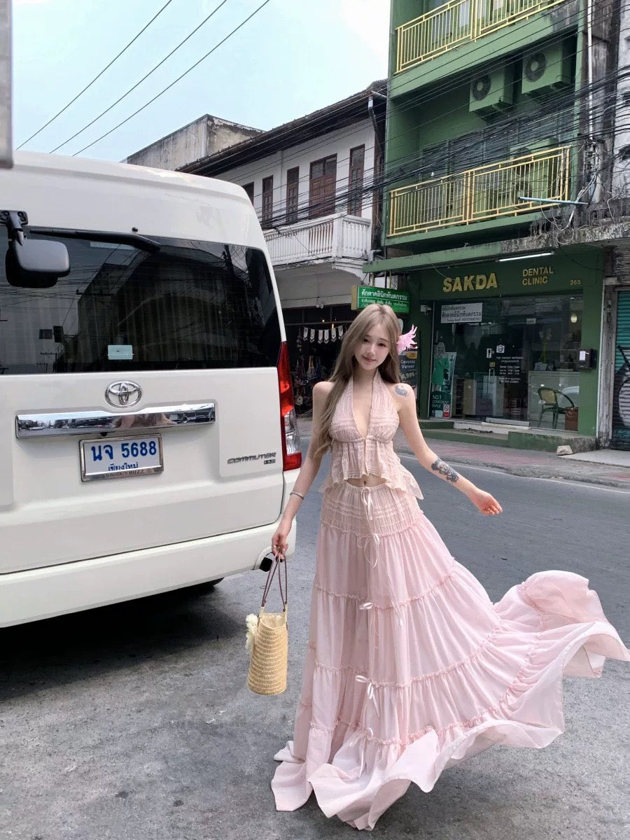 Pink Lace Top + Long Skirt Two Pieces Set
