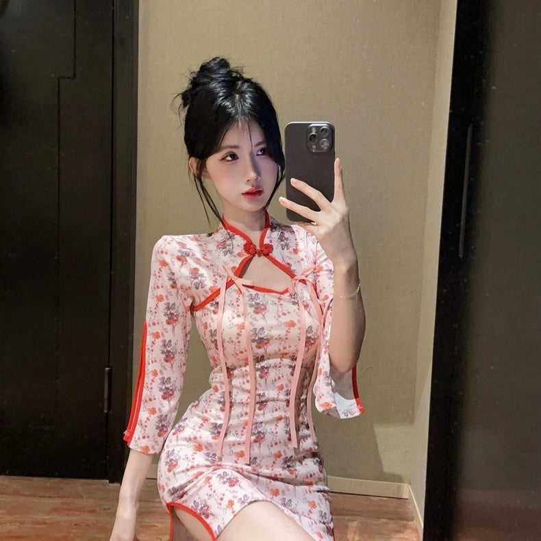Red Rose Cheongsam Long Sleeve Short Dress (S)