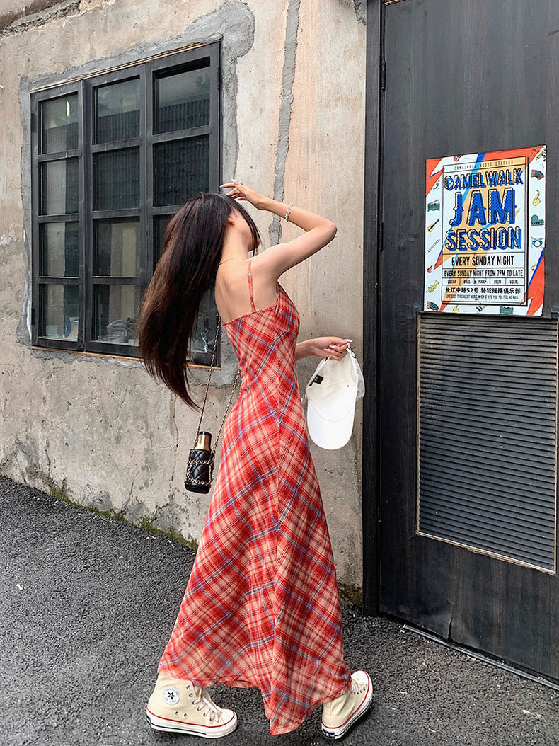 Red Grid Long Dress (XL)
