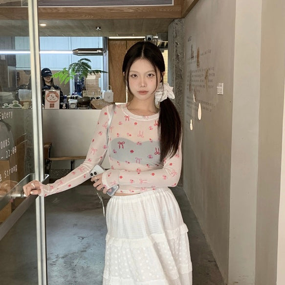 Pink Ribbons Thin Long Sleeve Mesh Crop Top Outerwear