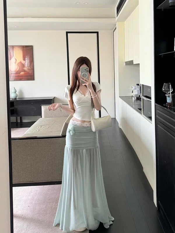 White Top + Mint Skirt Two Piece Set