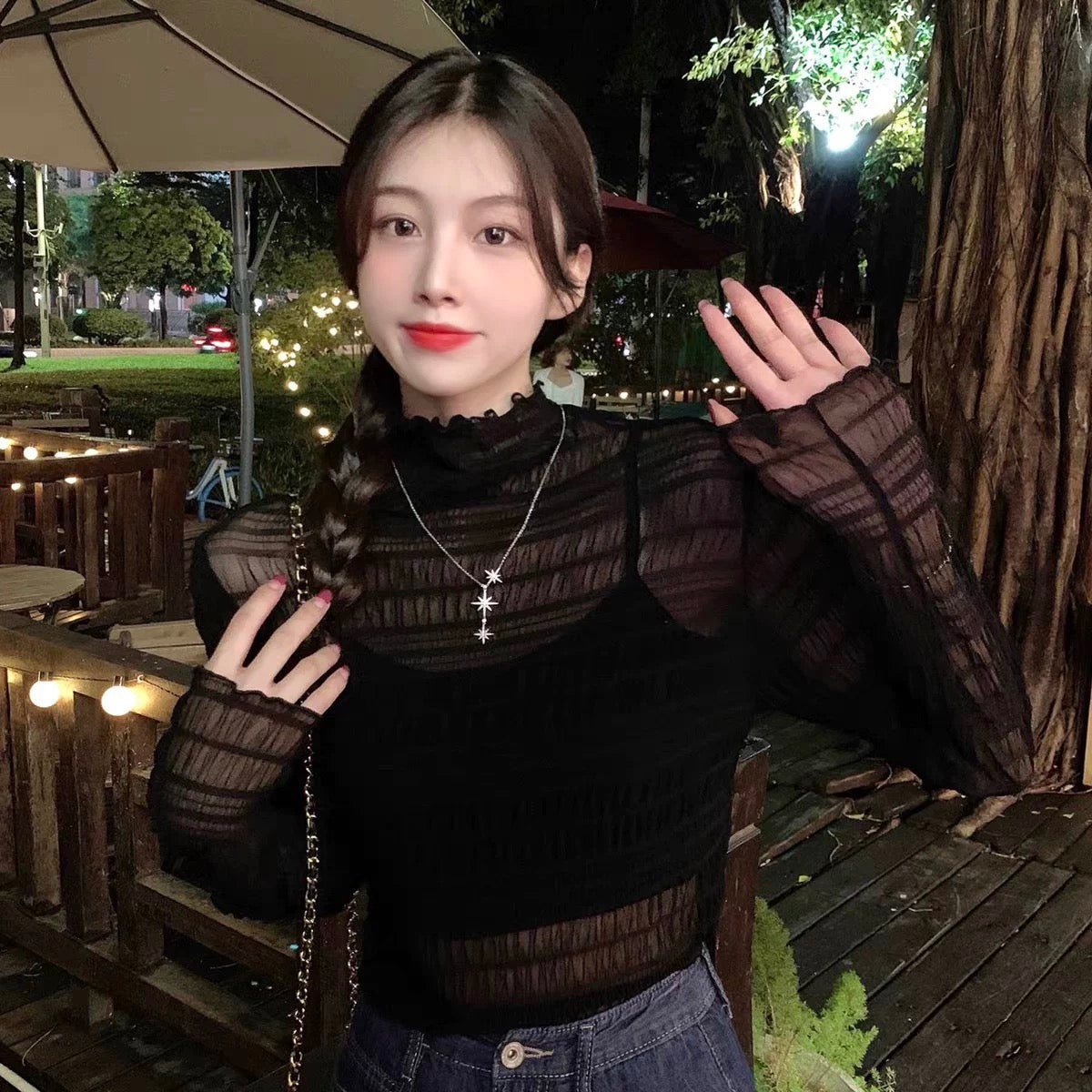 Halter Thin Mesh Puffy Long Sleeve Top