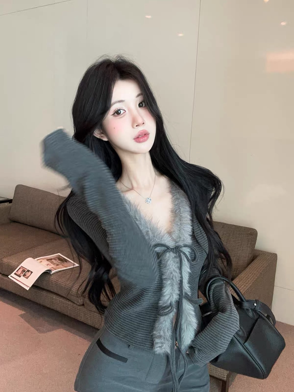 Little Fur Stripe Long Sleeve Top