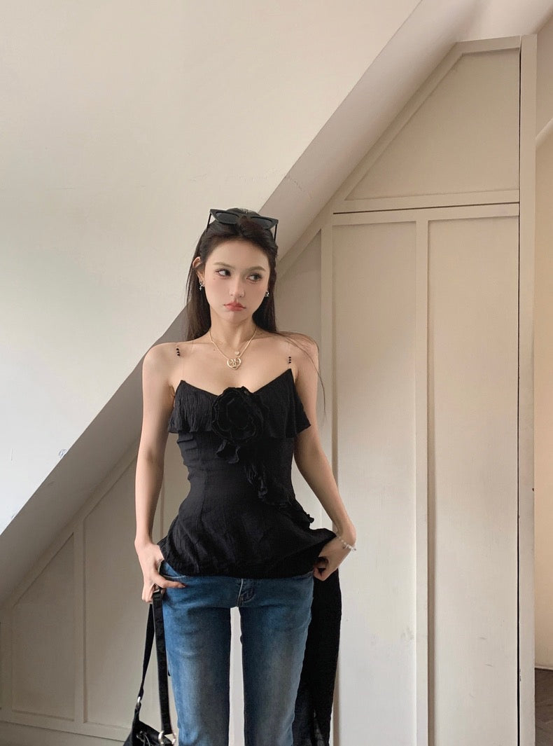 Summer Unequal Black Floral Strap Top