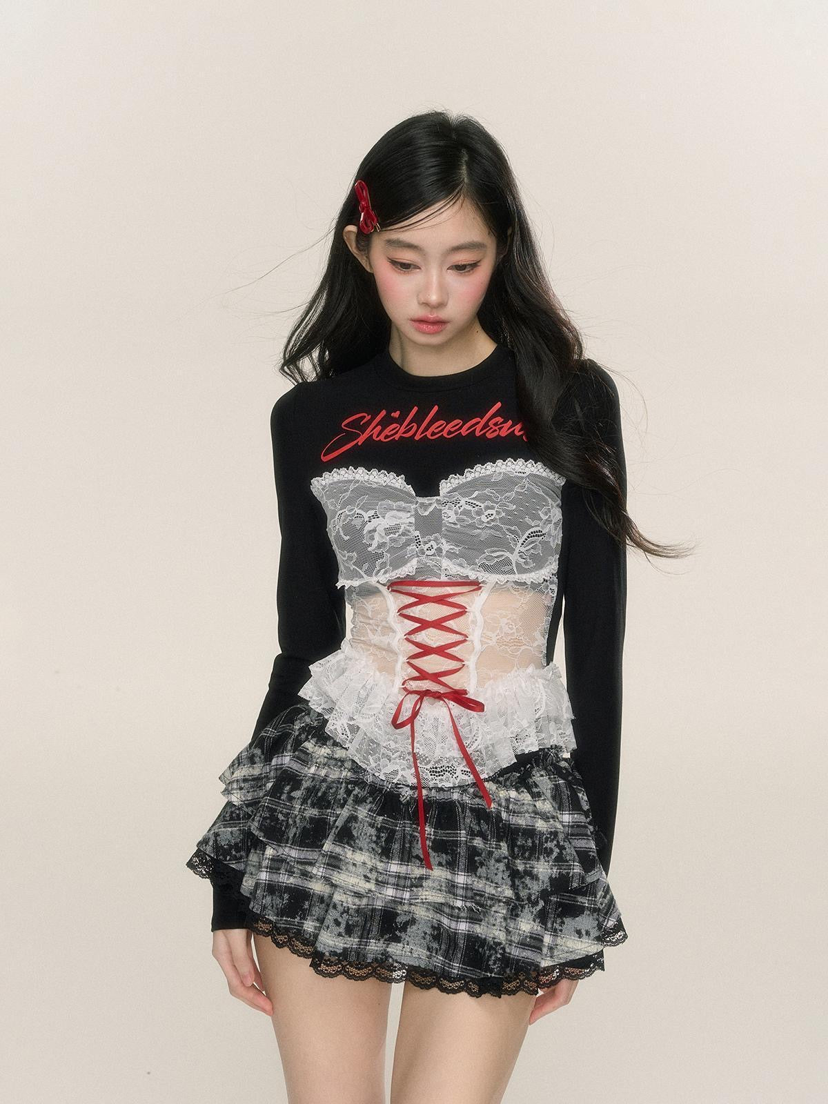 Lace Up Black Long Sleeve Crop Top