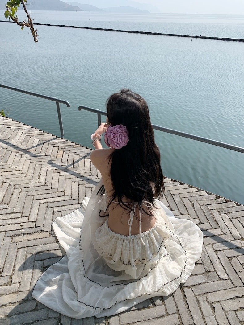 Beige Lace Top + Long Skirt Two Pieces Set