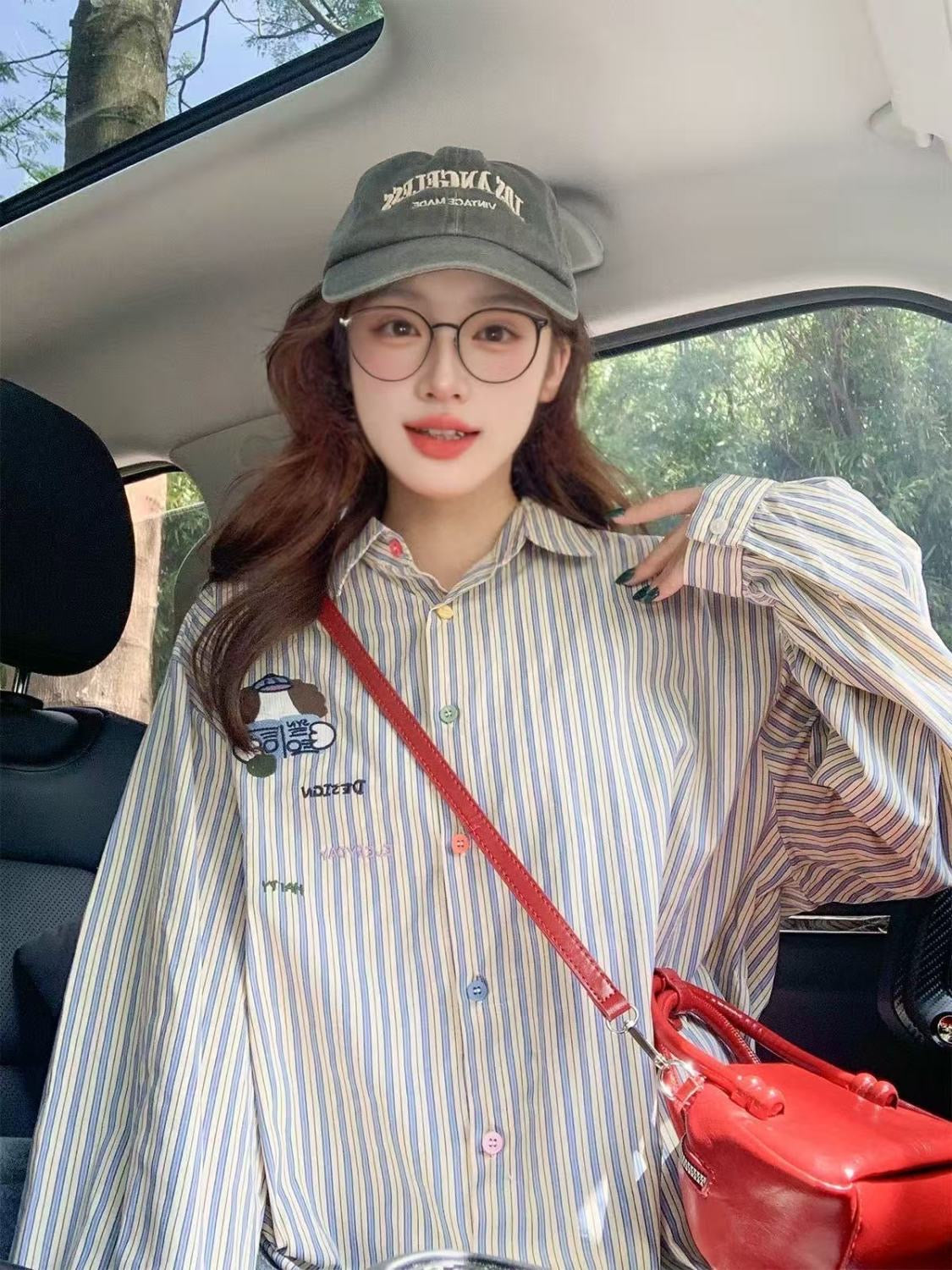 Color Button Stripe Long Sleeve Shirt