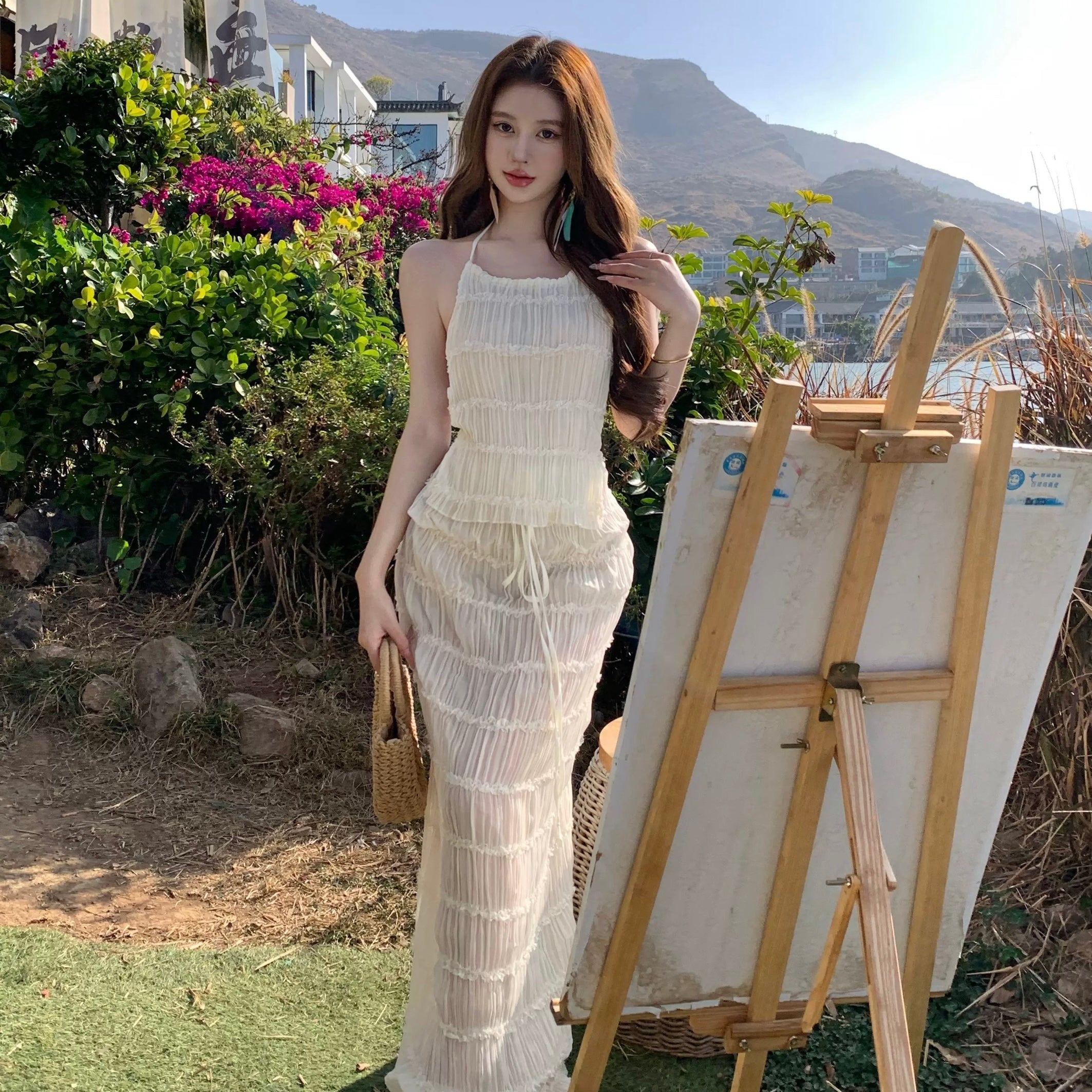 Layered Bareback Top + Long Skirt Two Pieces Set