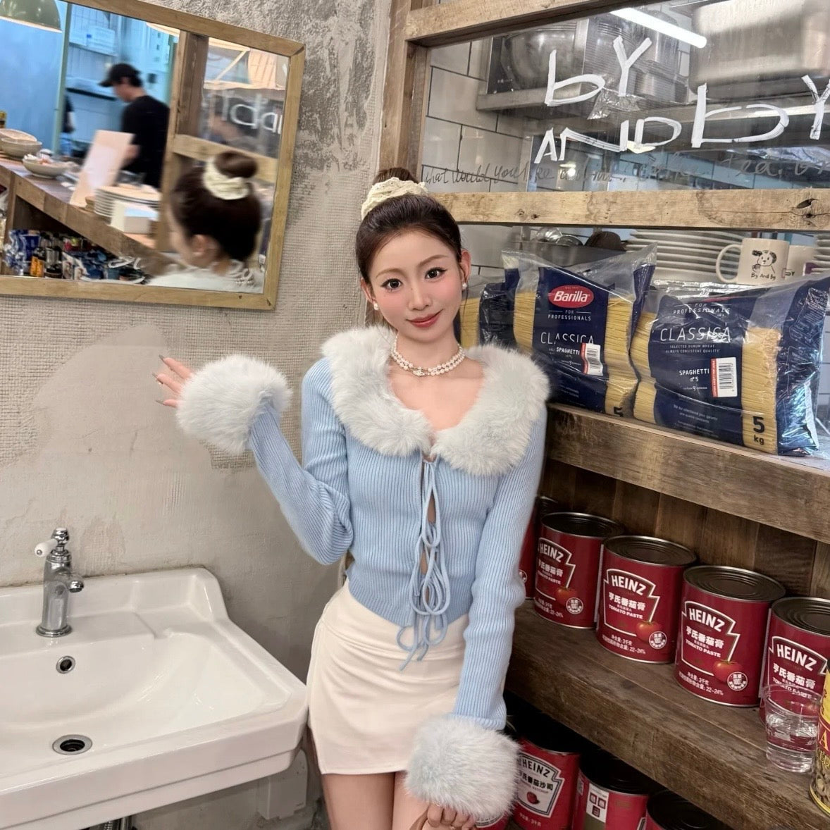 Furry Collar Long Sleeve Blue Top