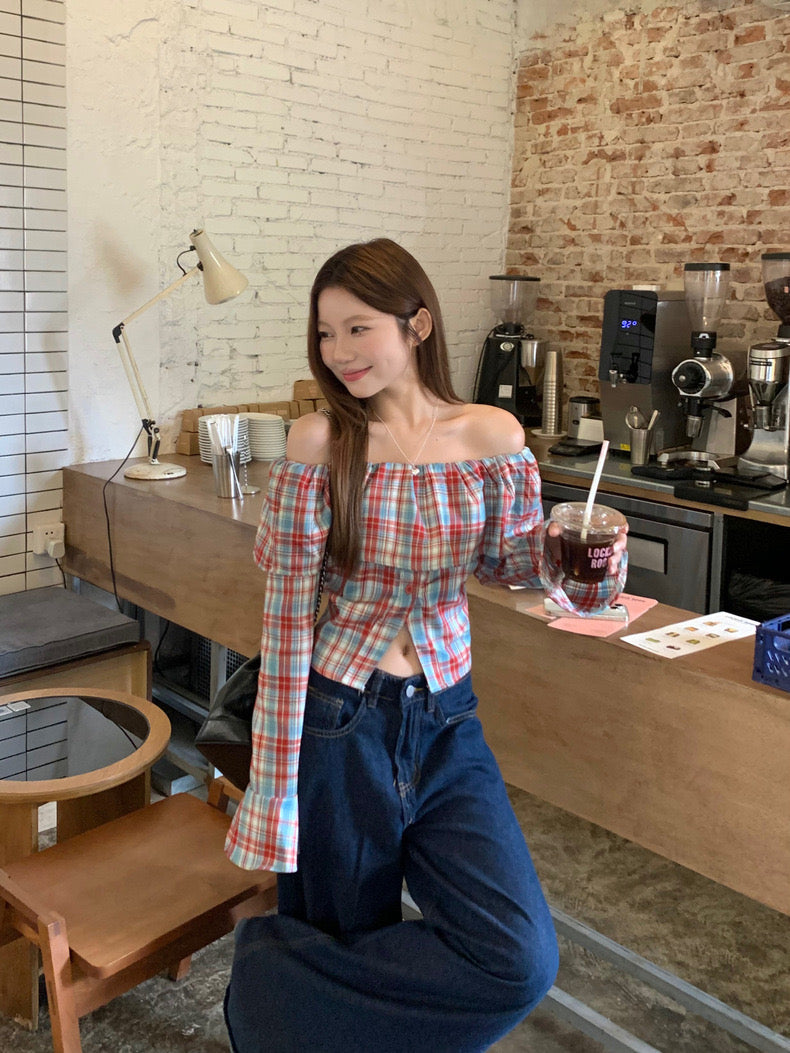 Off Shoulder Grid Long Sleeve Top