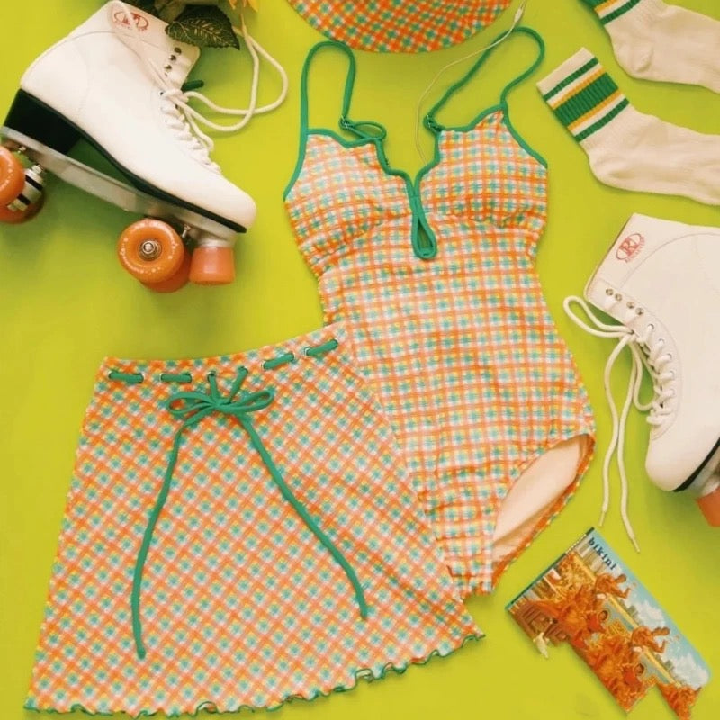 Two Toned Ginham Swimsuits + Skirt BK17 Two Piece Set