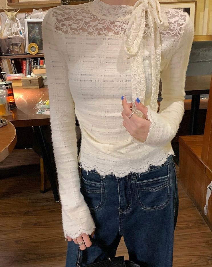 Ribbon Collar Wavy Bottom Long Sleeve Top (L/XL)