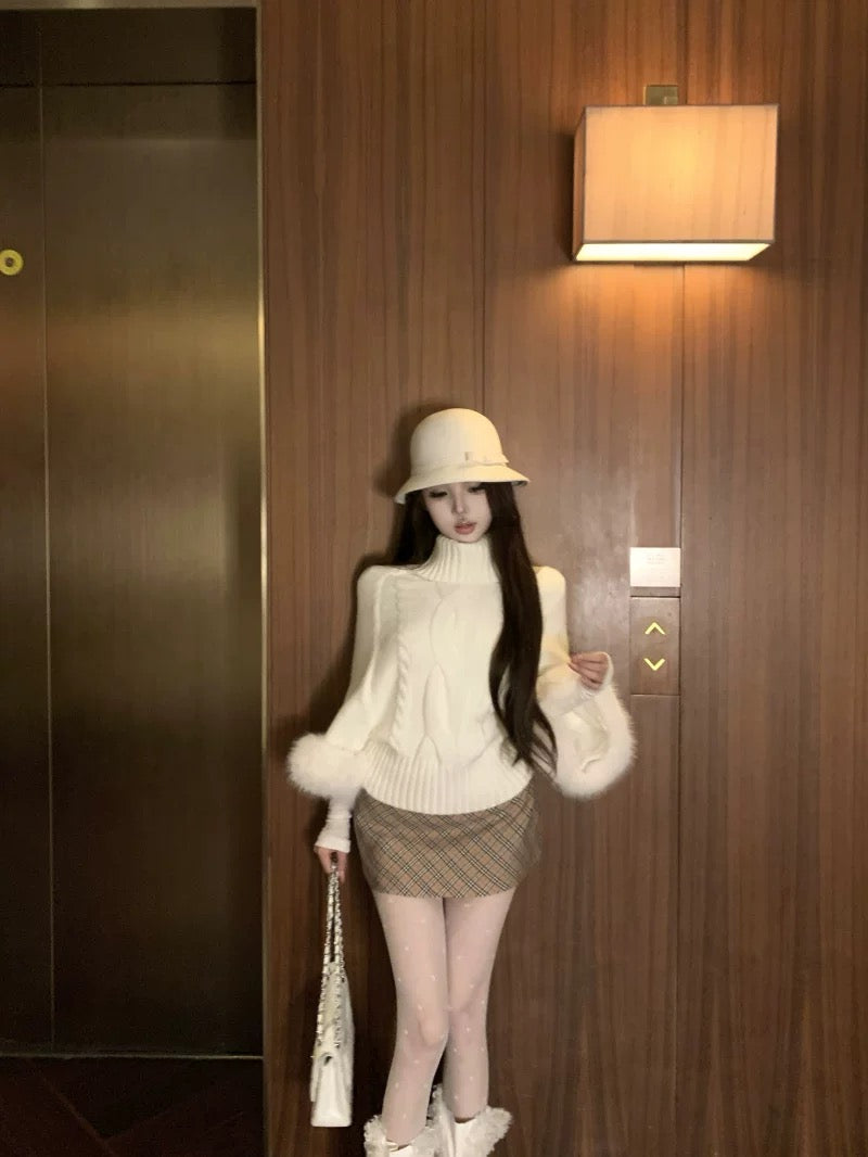 Fur Sleeve Multi Wear Collar Knitted Top (Cream, Brown)