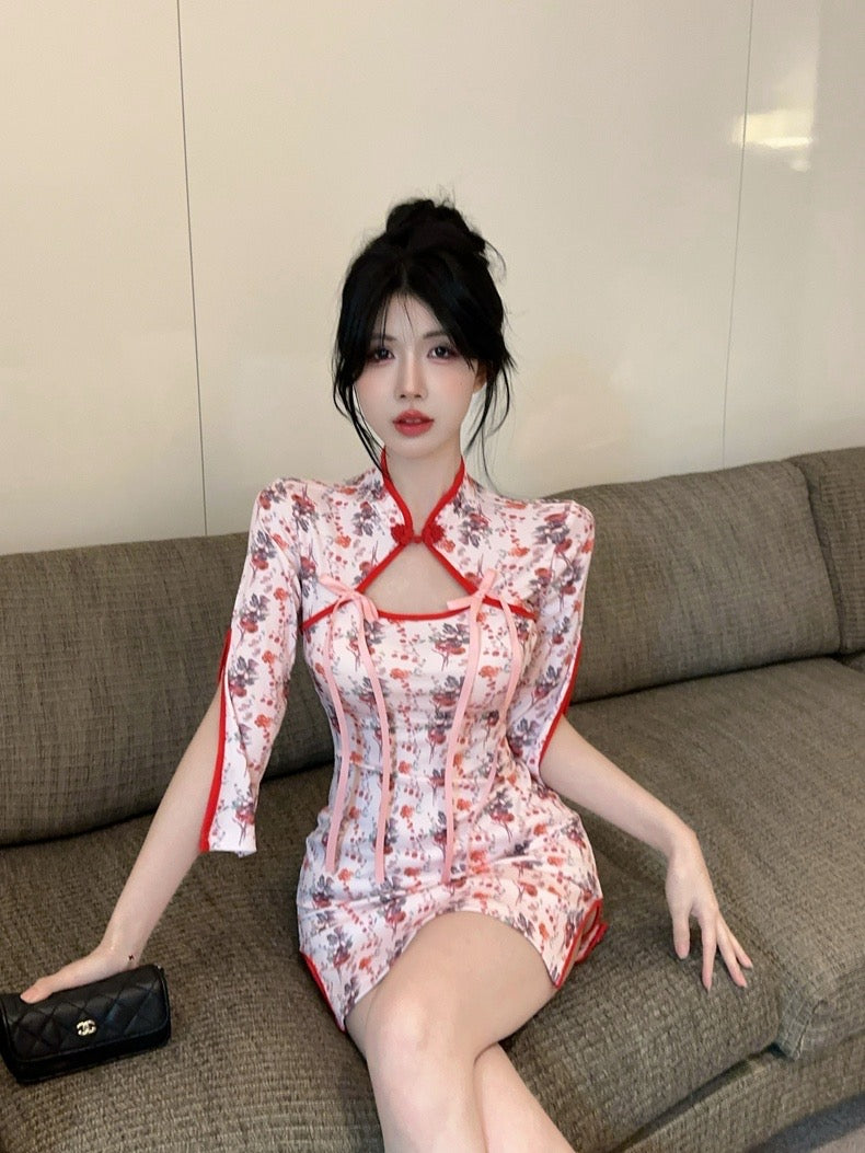 Red Rose Cheongsam Long Sleeve Short Dress (S)
