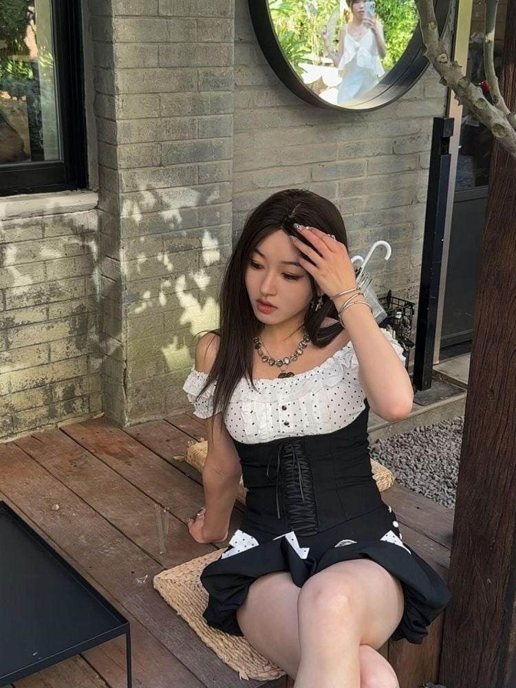 Mix White Black Top + Shorts Two Piece Set (S, M)
