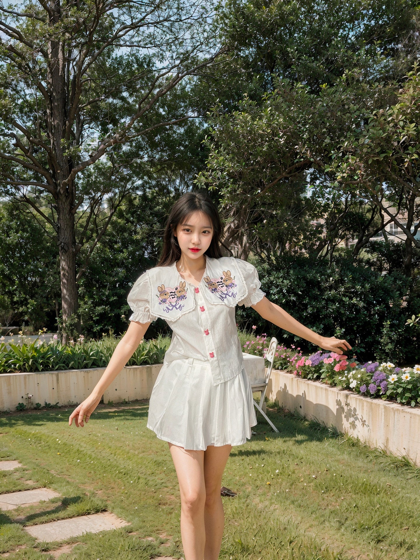 Dolly Bunnies Collar Puff Sleeve Top (White, Beige)