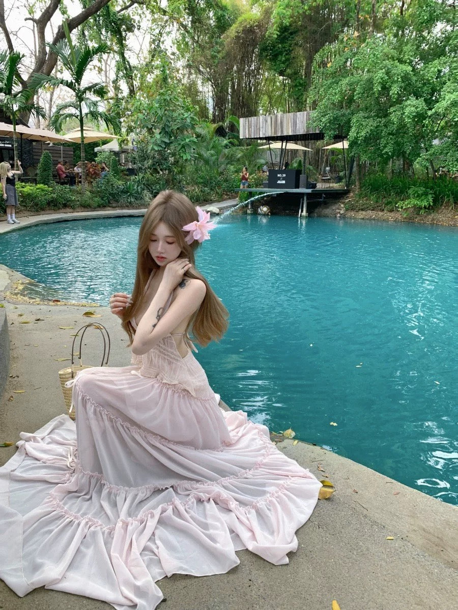 Pink Lace Top + Long Skirt Two Pieces Set