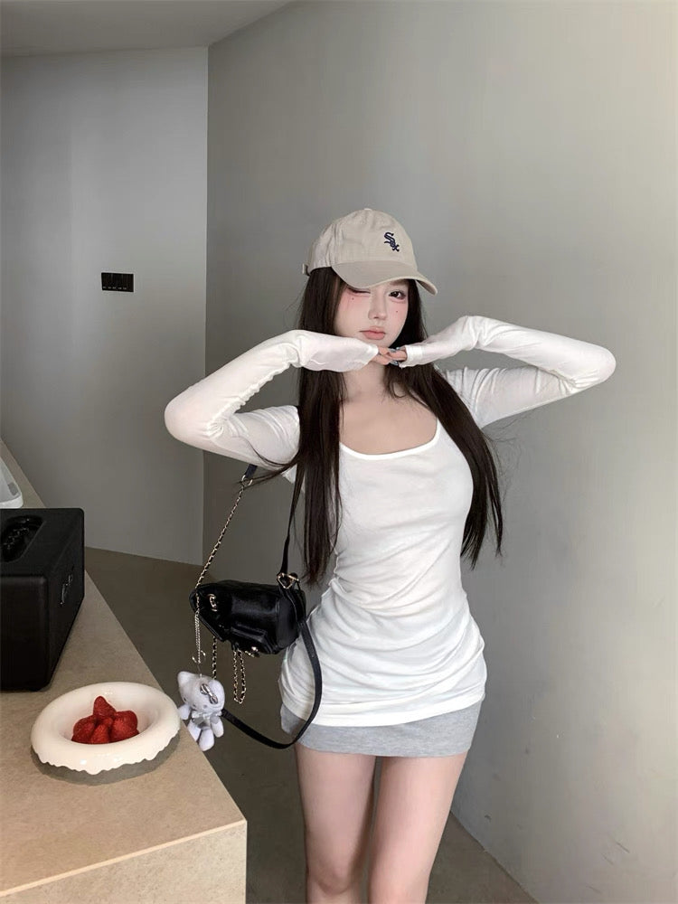 U Collar Thin Long Sleeve Long Top