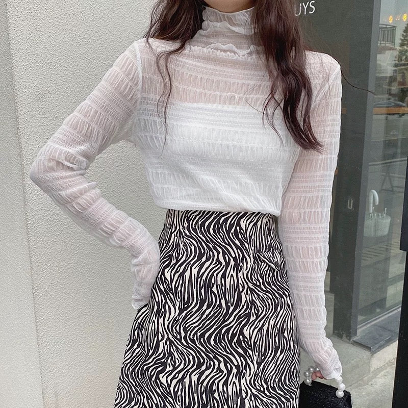 Halter Thin Mesh Puffy Long Sleeve Top