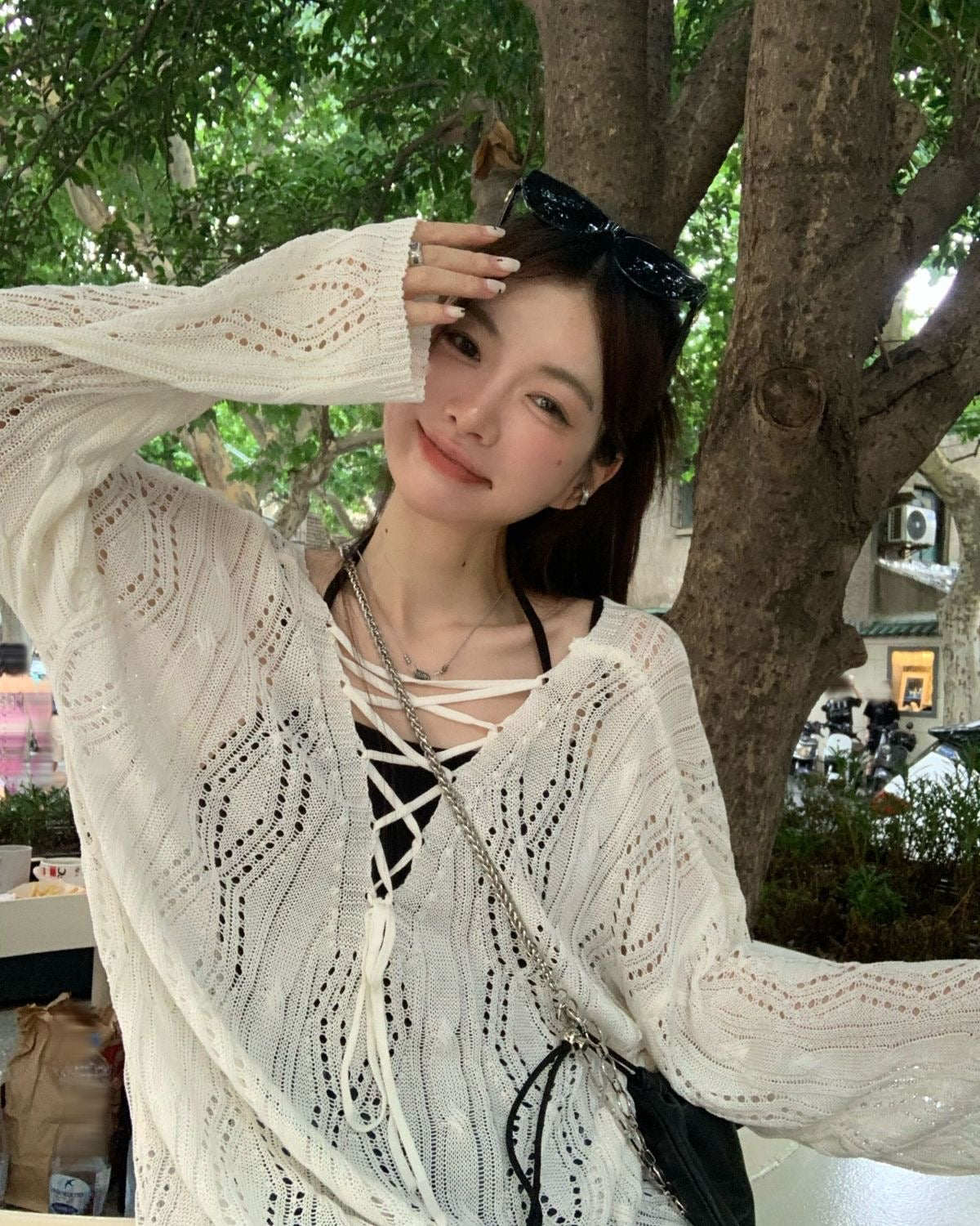V Collar White Long Sleeve Knitted Top Outerwear