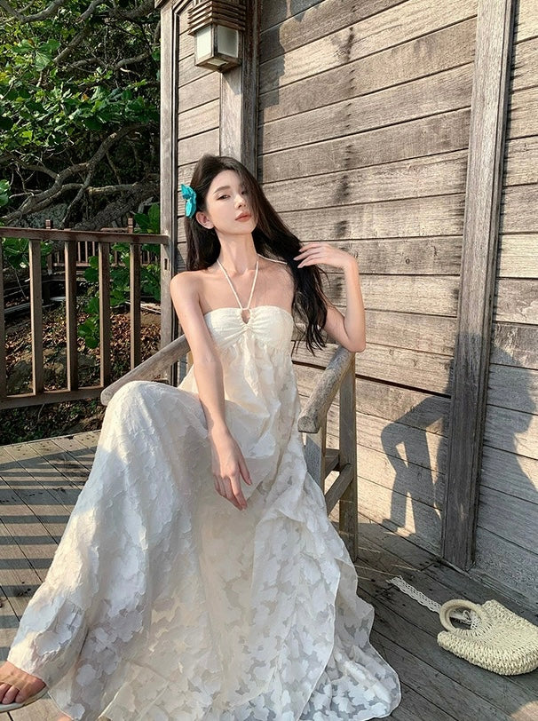 Floral Bareback Beige Tube Long Dress