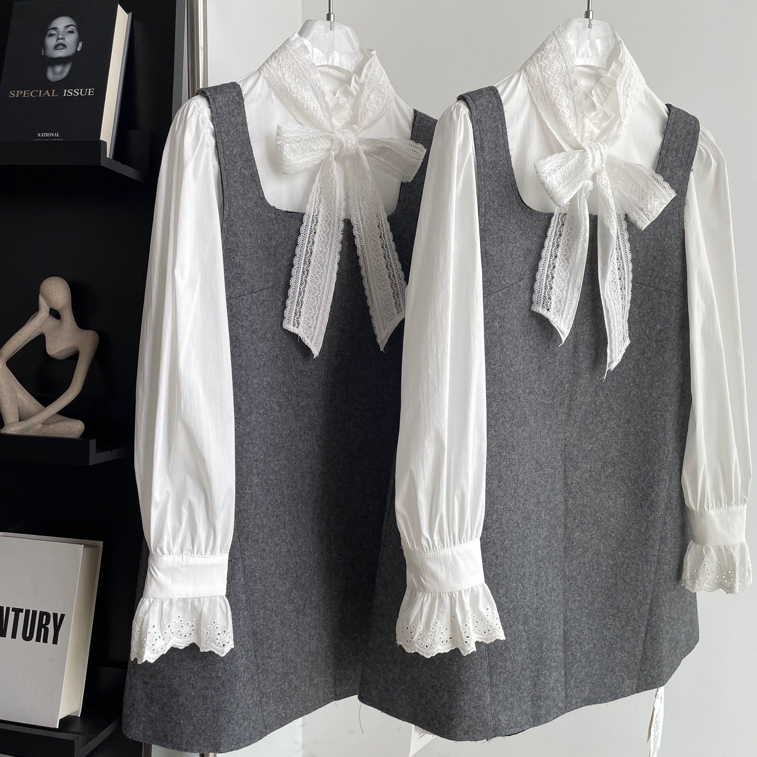 White Top + Grey Dress Two Pieces Set