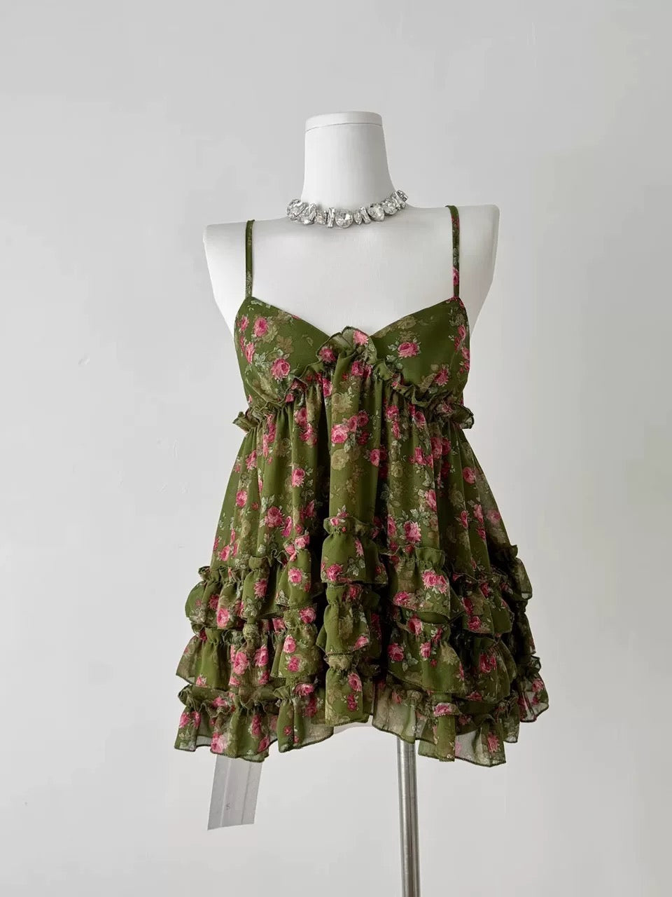 Green V Collar Chiffon Strap Floral Top