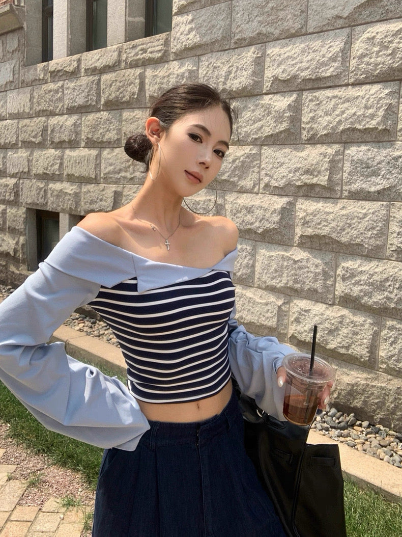 Stripe Long Sleeve Off Shoulder Top