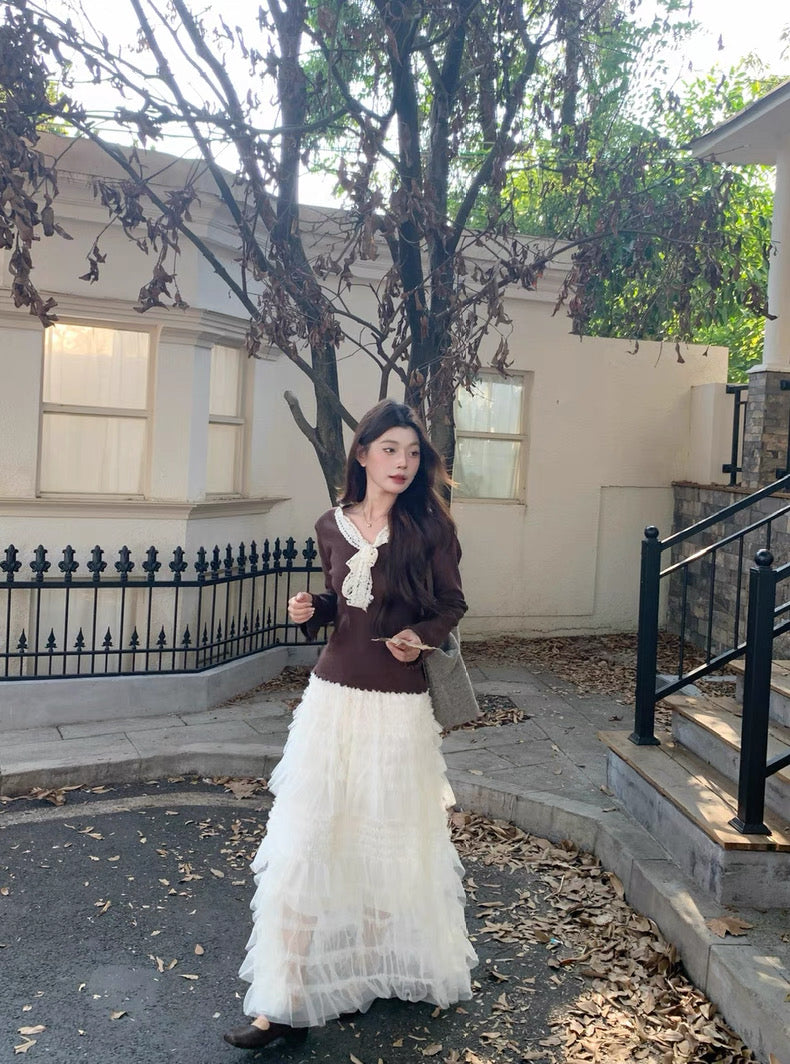 Creamy Layered Mesh Long Skirt