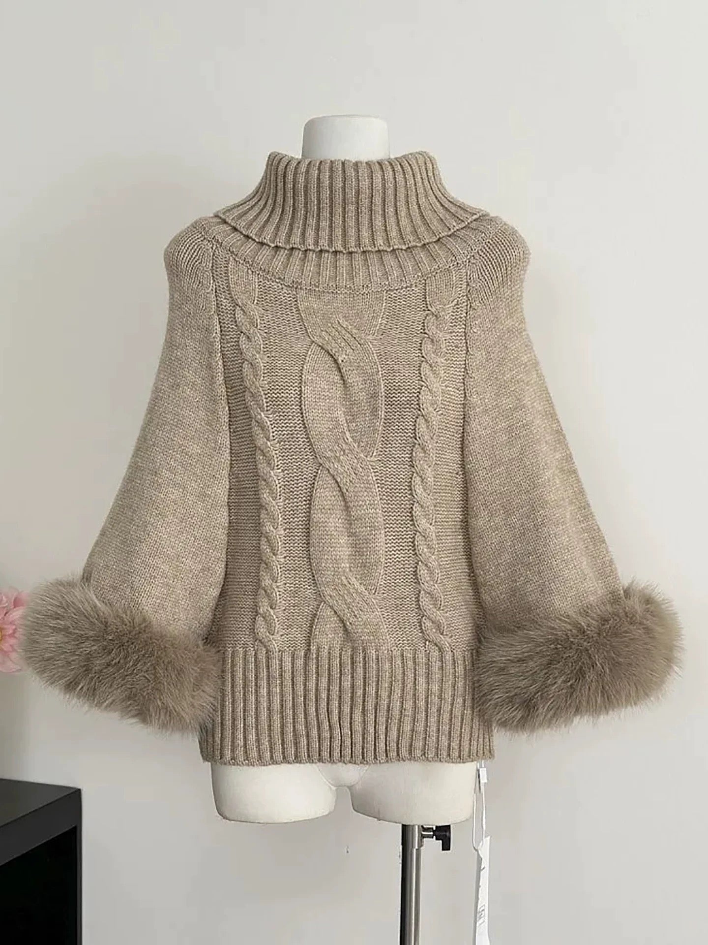 Fur Sleeve Multi Wear Collar Knitted Top (Cream, Brown)