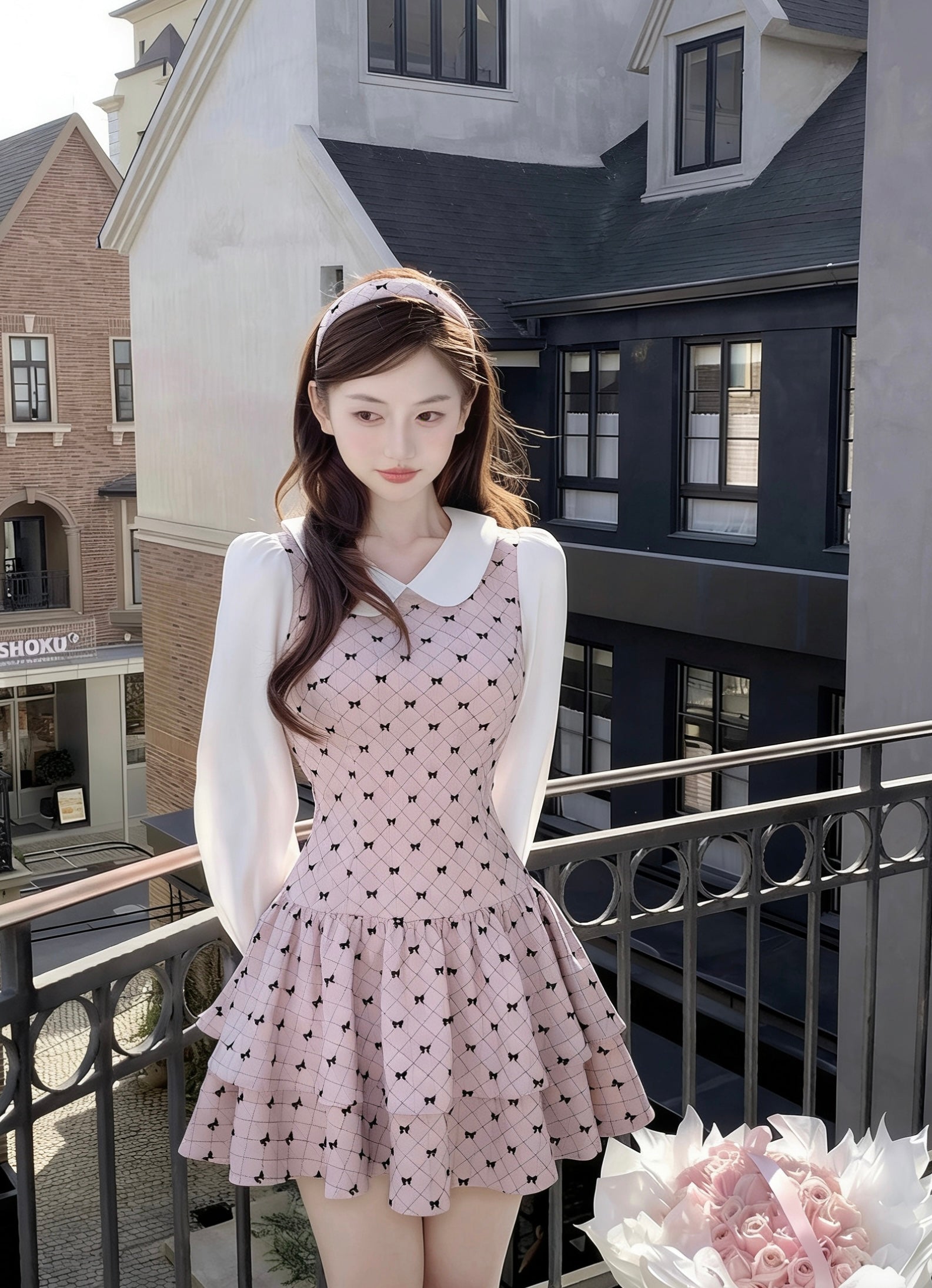 Premium Pinky Bow Long Sleeve Dress