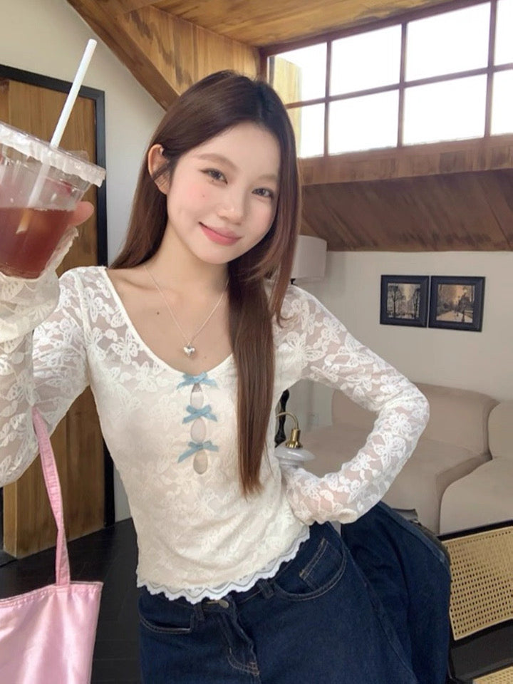 Blue Bows Lace Beige Long Sleeve Top