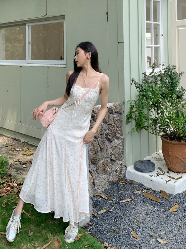 Pink Flower White Strap Long Dress (M)