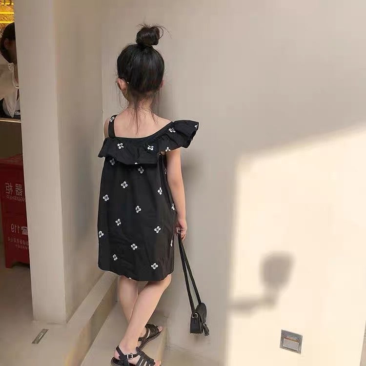 Little Girl White Flo Black Dress (90,110,130)